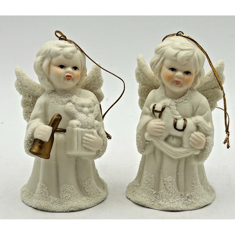 Vintage Angel Bell Ornaments Set of Porcelain Gold Christmas Decor Figurines